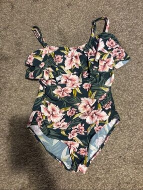 Floral Ruffle One-Piece Swimsuit - Pink on Dark Green